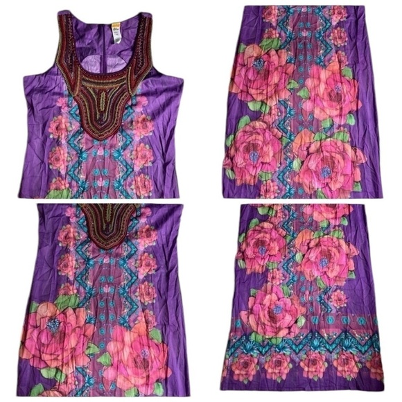 Agua Bendita Colorful Purple & Pink Cactus Floral Maxi Dress Large LIKE NEW - Picture 9 of 16